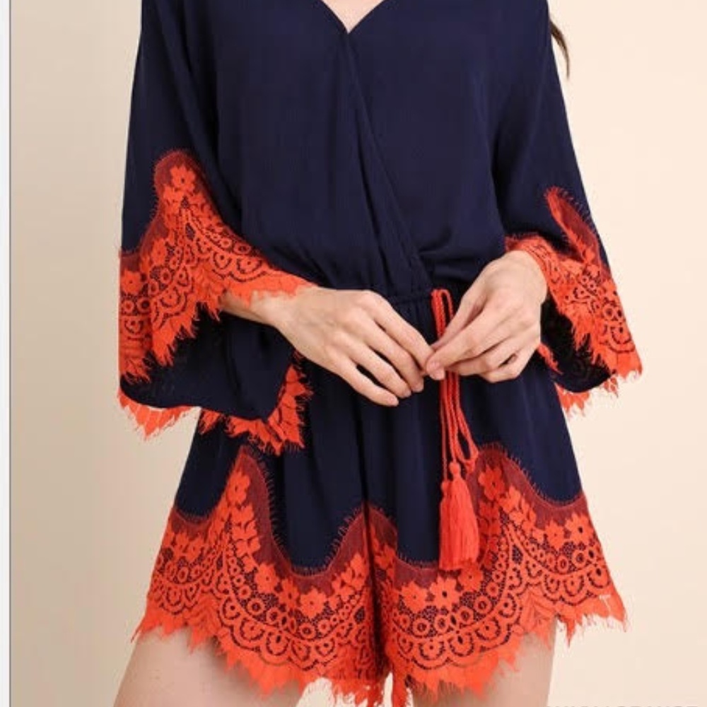 *UMGEE* Navy Blue Romper with Orange Lace Accent